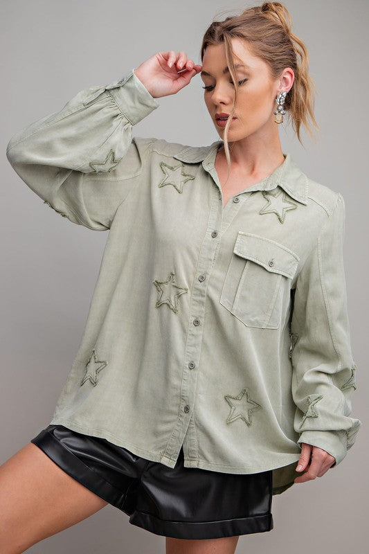 Sage Star Stitched Button Up Top