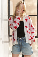 Fuzzy White Cardigan with Red Hearts