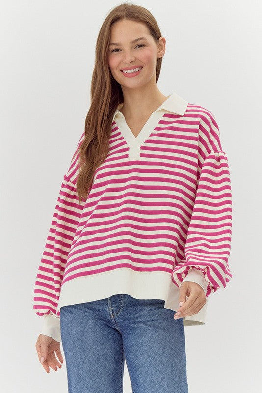 Fuschsia and White Striped Collared Top