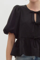 Black Puff Sleeve Top With Bows On Front