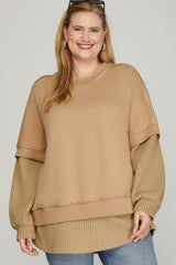 Basic Terry  Waffleknit Contrast Crewneck Top