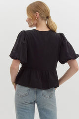 Black Puff Sleeve Top With Bows On Front