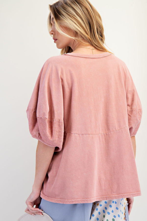 Mauve Mineral Wash Top with Dolman Puff Sleeves