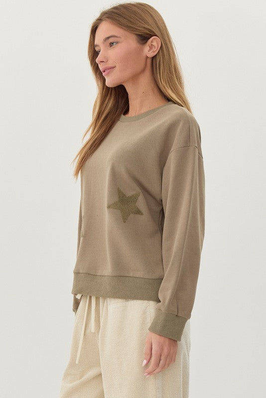 Army Green Star Applique French Terry Crewneck