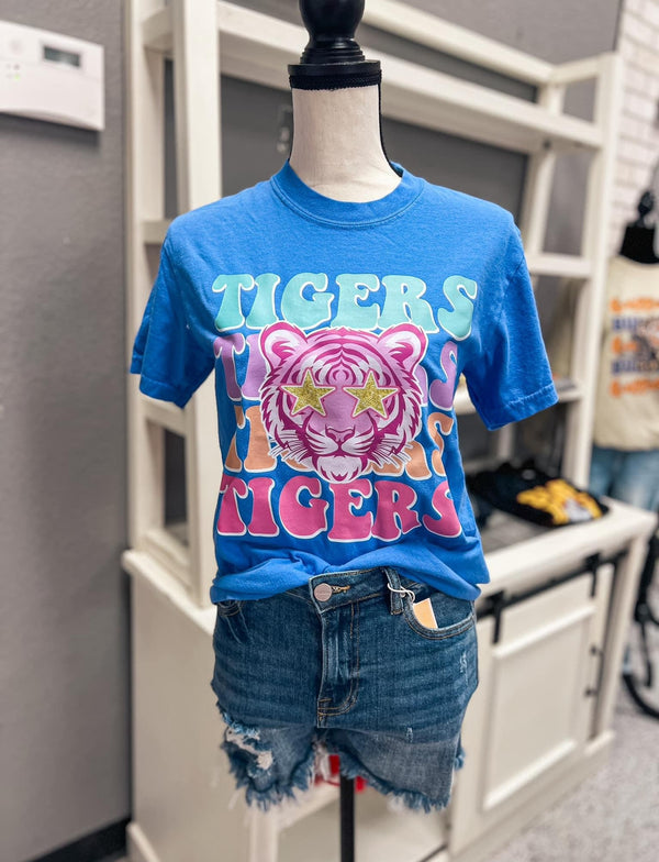 Blue Multi Color Tiger Mascot Tee