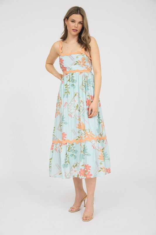 Mint Floral Print Midi Dress with Orange Trim