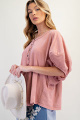 Mauve Mineral Wash Top with Dolman Puff Sleeves