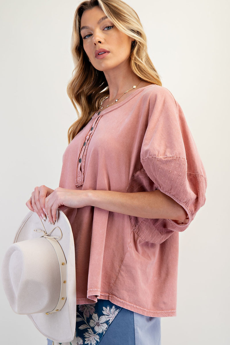 Mauve Mineral Wash Top with Dolman Puff Sleeves