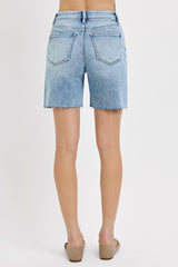 Delta's High-Rise Mid Length Raw Cut Hem Denim Shorts