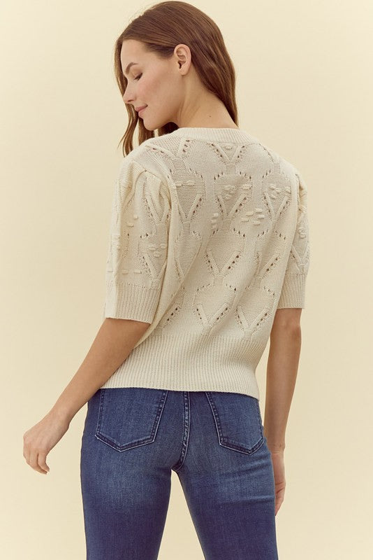 Ivory Pleated Shoulder Short Sleeve Sweater