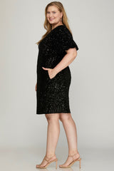 Curvy Black Sequin Bubble Sleeve Dress