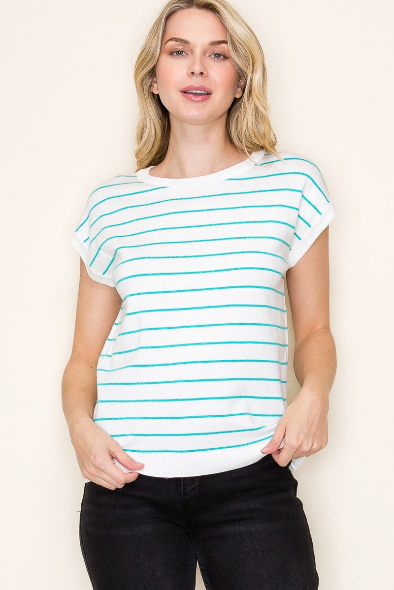 Lighweight Knit Striped Short Sleeve Top