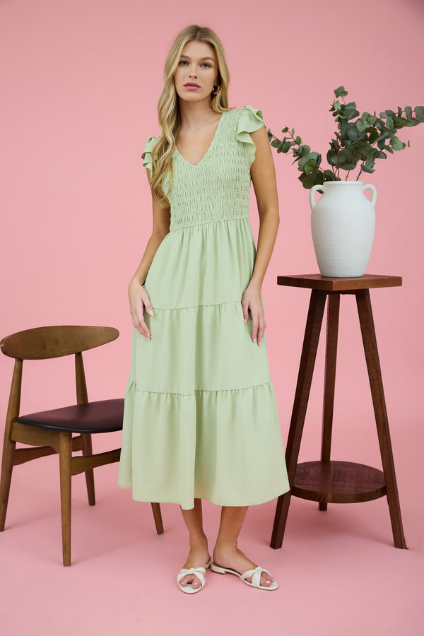 Tiered V Neck Cap Sleeve Midi