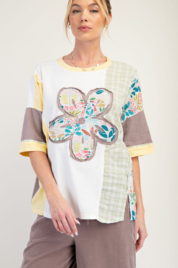 Ivory and Yellow Colorblock Top with Daisy Patchwork