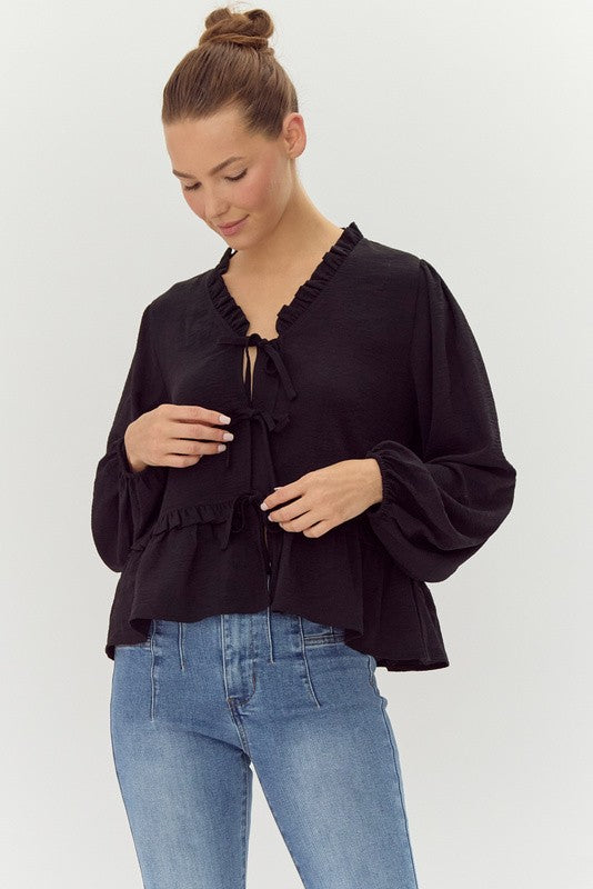 Black Ruffle Detailed Tie Front Top