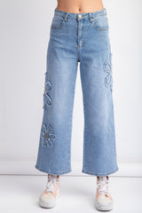 Demin Wide Leg Pants With Flower Embellishment