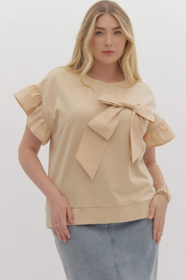 Curvy Cream 3D Bow Cap Sleeve Top