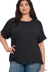 Curvy Corded Ribbed Cuff Sleeve Top