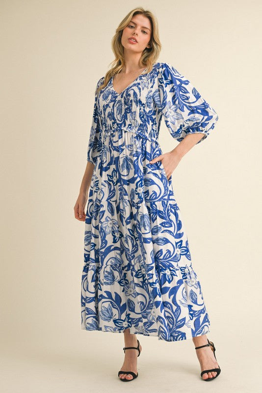 Blue Floral Detail Dress with 3/4 Sleeve