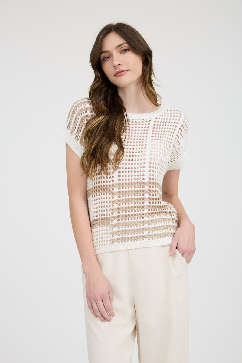 Brown and Ivory Crochet Knit Top