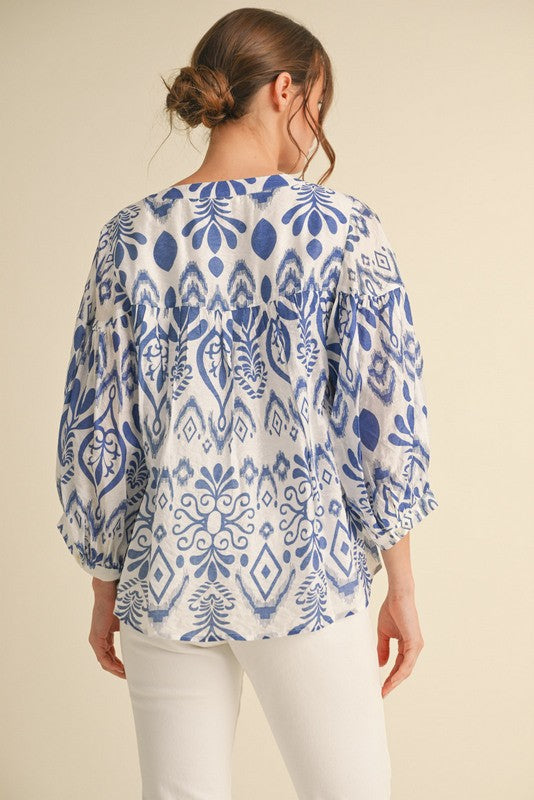 Blue Floral Detail Button Up Top