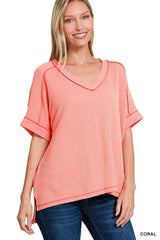 Ribbed Cuff V-Neck Tee