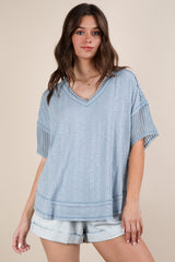 Oversized Contrast Knit V-Neck Hi-Lo Shirt