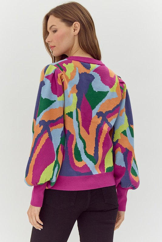 Magenta Abstract Patterned Balloon Sleeve Top