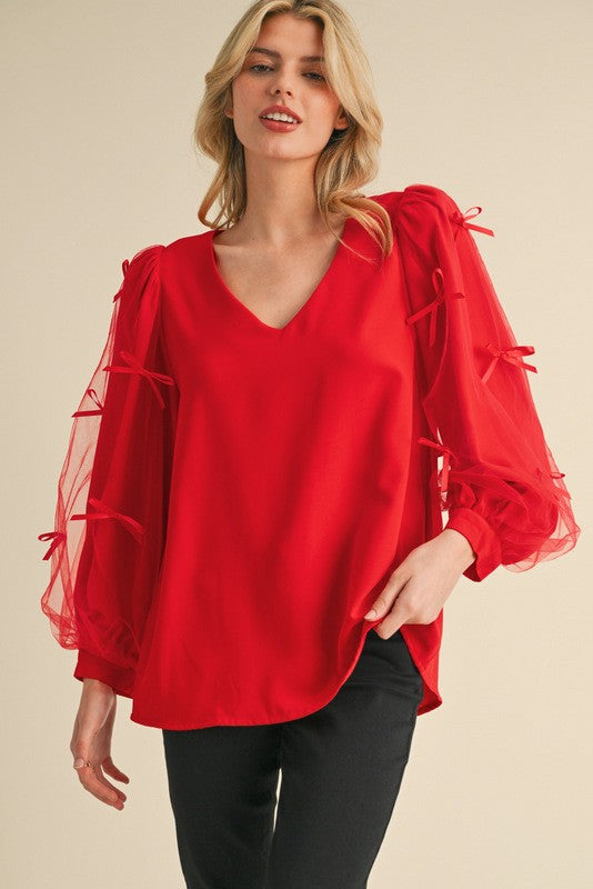 Red Top with Bow Mesh Balloon Sleeve