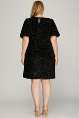 Curvy Black Sequin Bubble Sleeve Dress