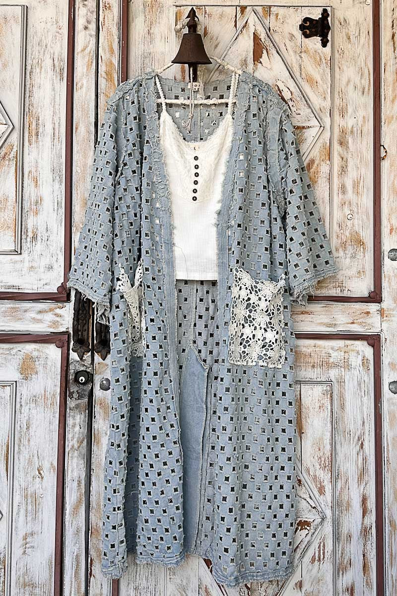 Distressed Denim Duster with Lace Detail