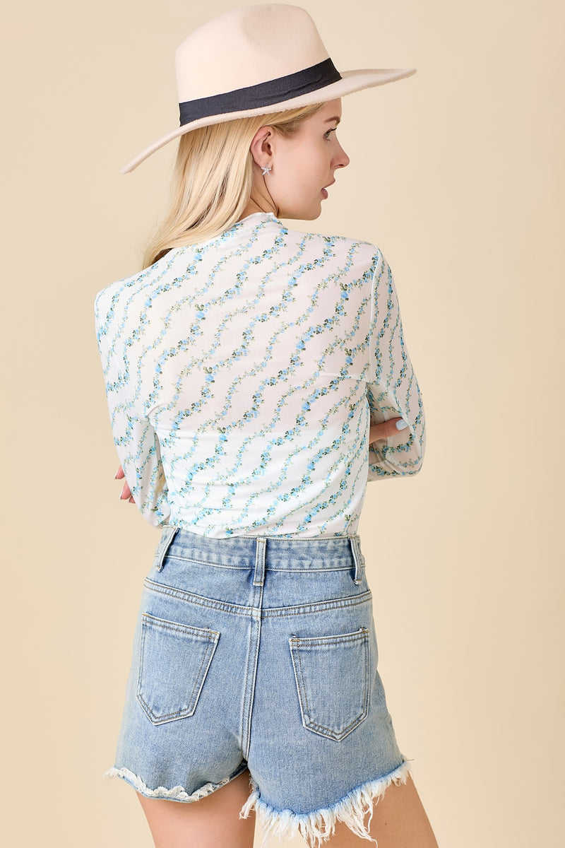 White and Blue Floral Print Mesh Top