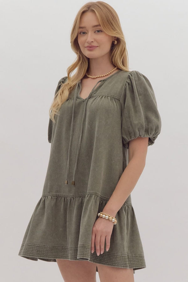 Olive Denim Puff Sleeve Front Tie Dress