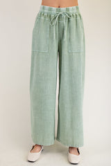 Sage Mineral Washed Linen Wide Leg Pants