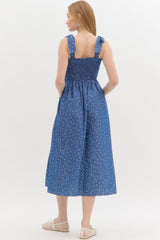 Denim Blue Maxi Dress With Polka Dots