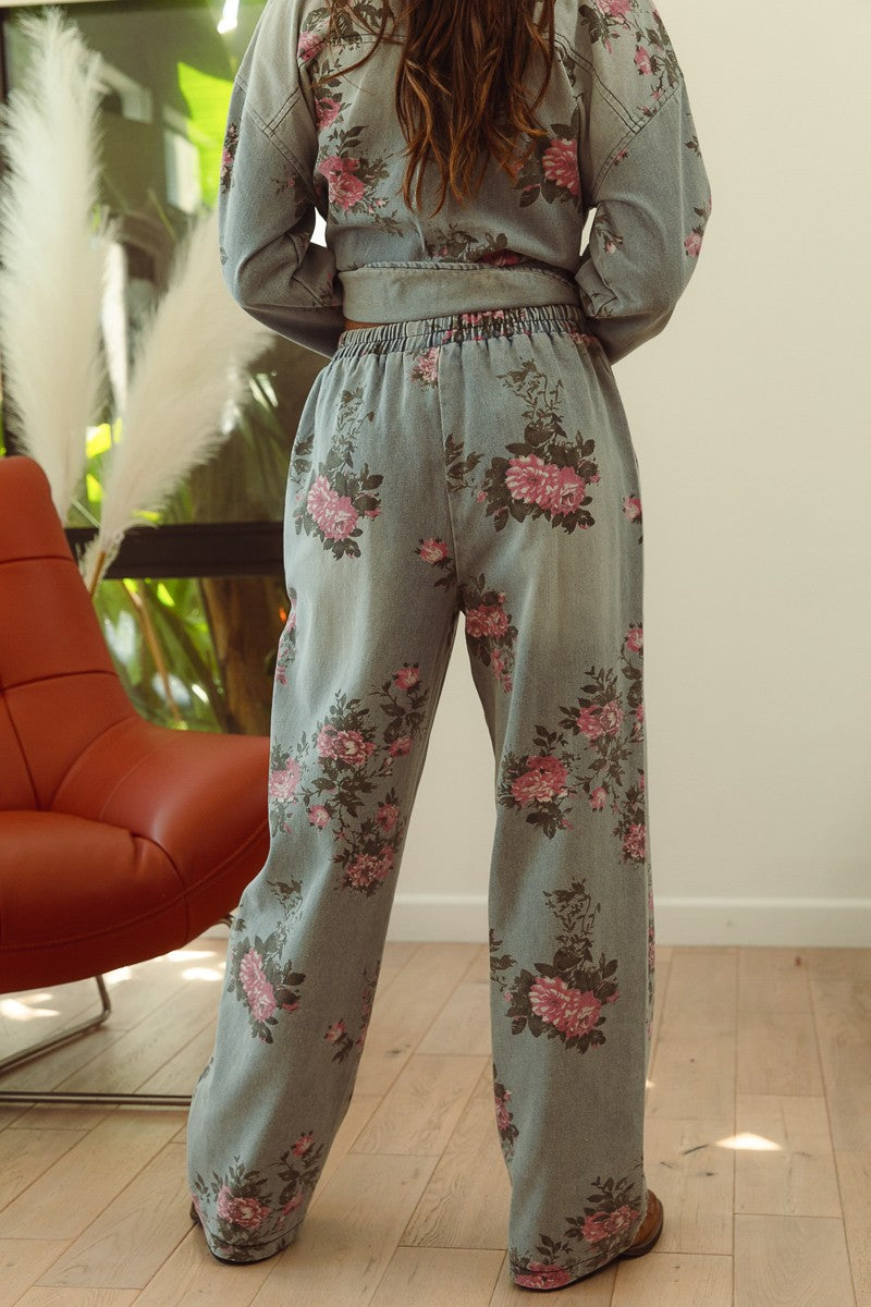 Denim Flowy Pants with Pink Floral Print