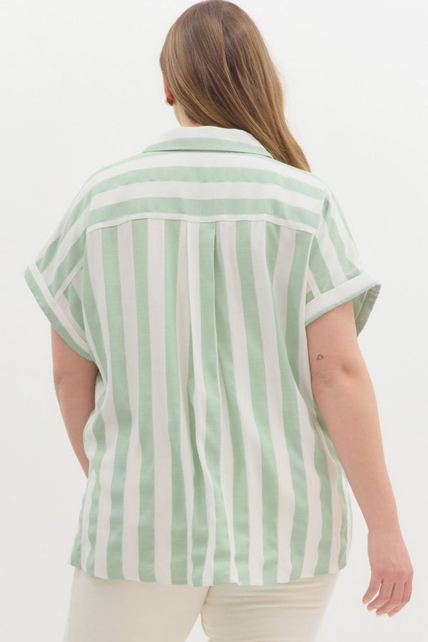 Curvy Sage Striped Button Down Top