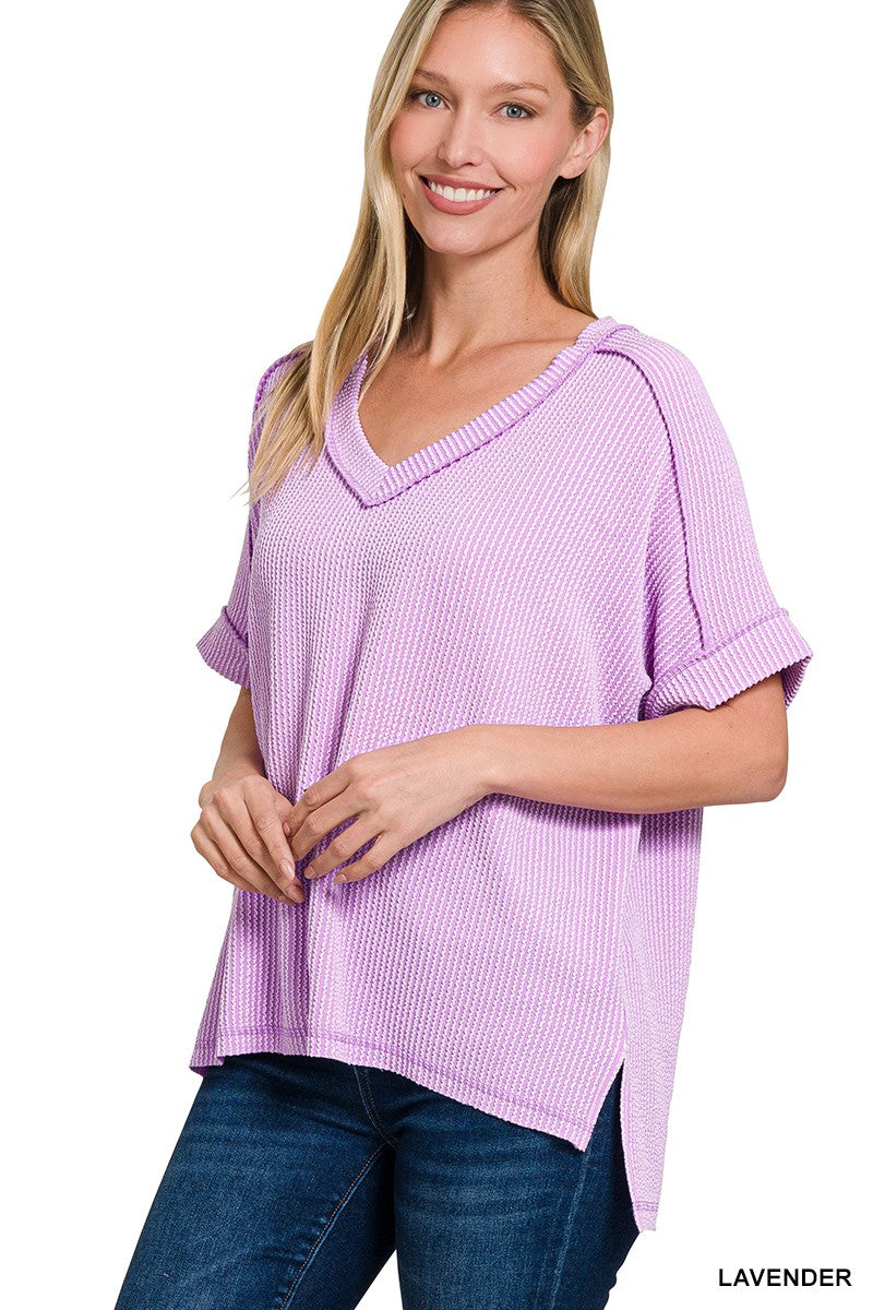 Ribbed Cuff V-Neck Tee