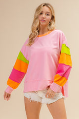 Pink Split Waist Pullover with Color Block Sleeve