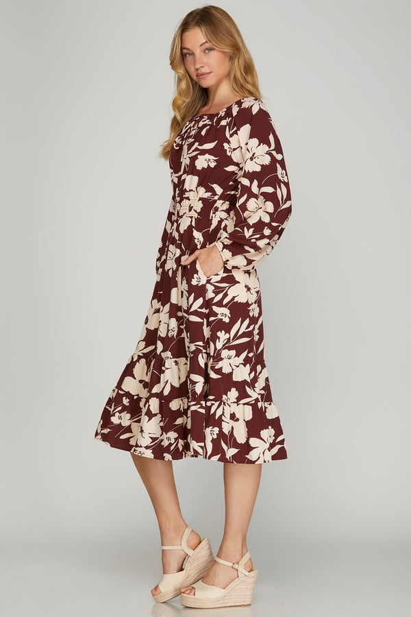 Burgundy Floral Long Sleeve Tiered Midi Dress