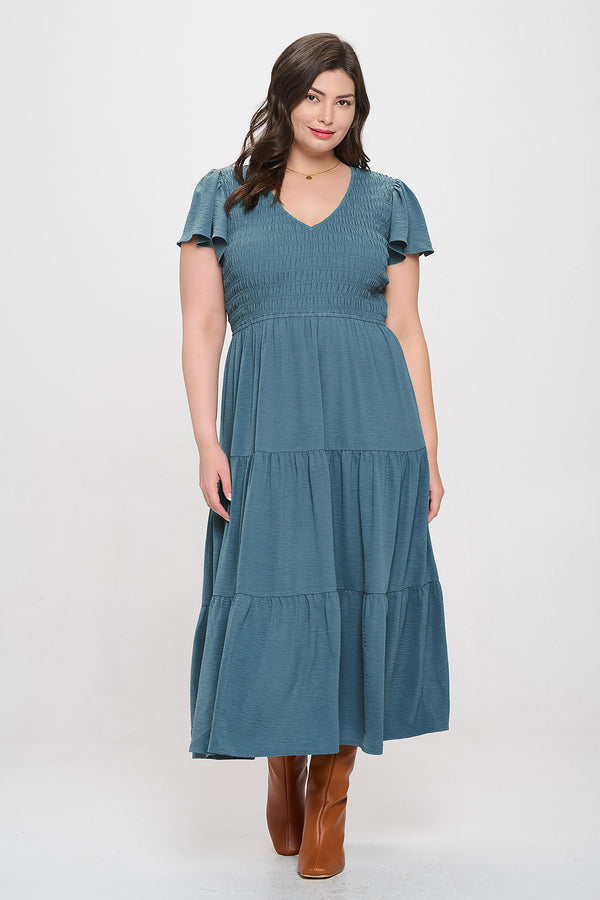 Curvy Teal Tiered V-Neck Cap Sleeve Midi Dress