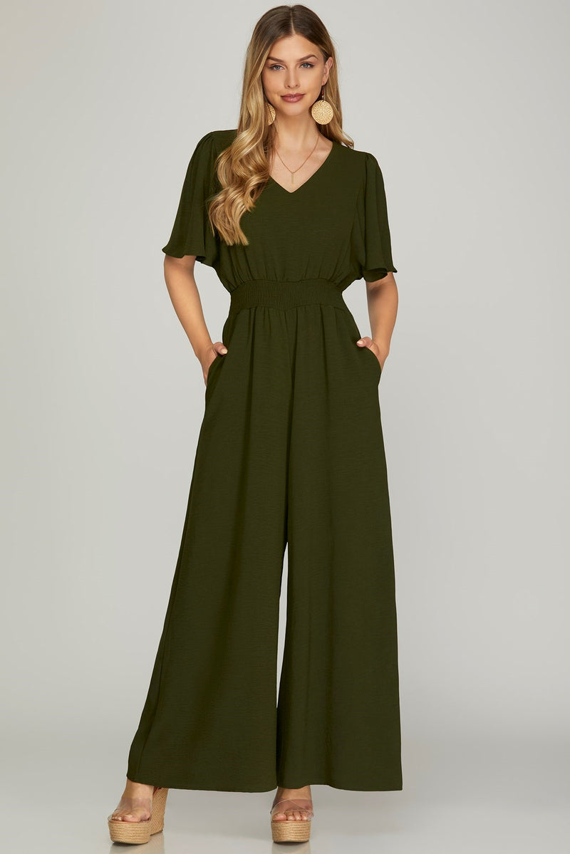 Curvy Flounce Sleeve V-Neck Jumpsuit