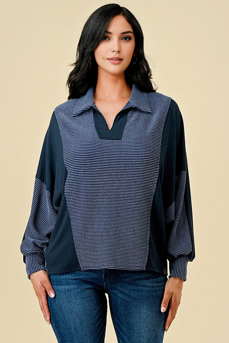 Curvy Mixed Material Outstitched Collared Top