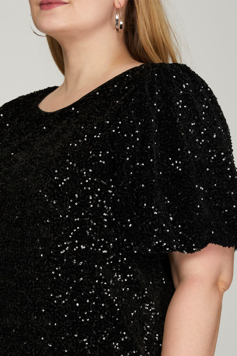 Curvy Black Sequin Bubble Sleeve Dress