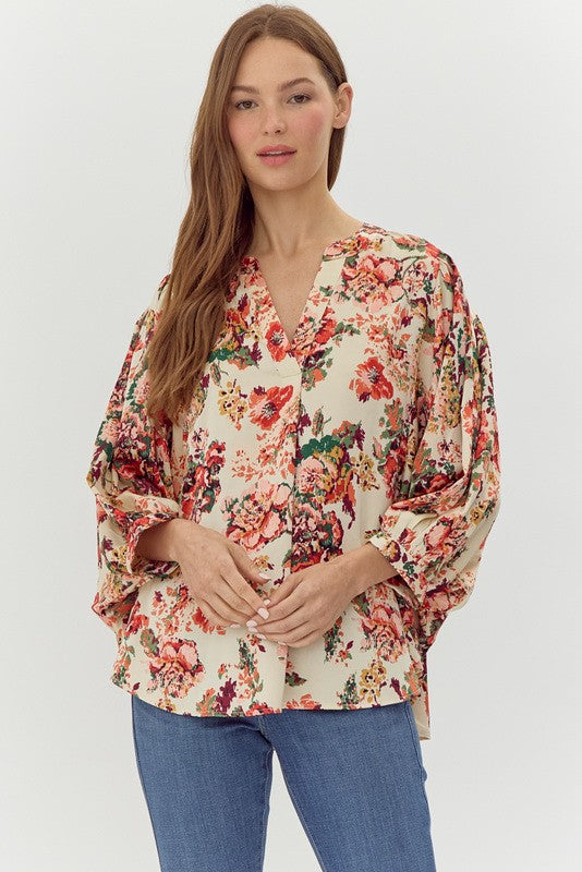 Salmon Floral Print Silk Top