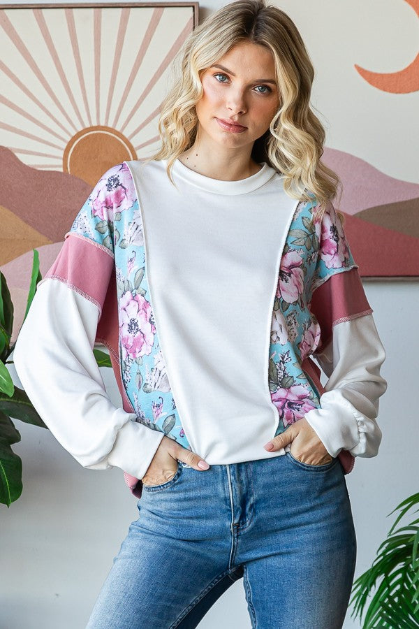 Floral Color Block Pullover Top