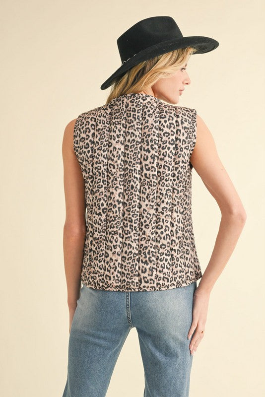 Leopard Print Puff Vest with Bow Tie