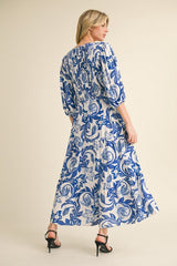 Blue Floral Detail Dress with 3/4 Sleeve