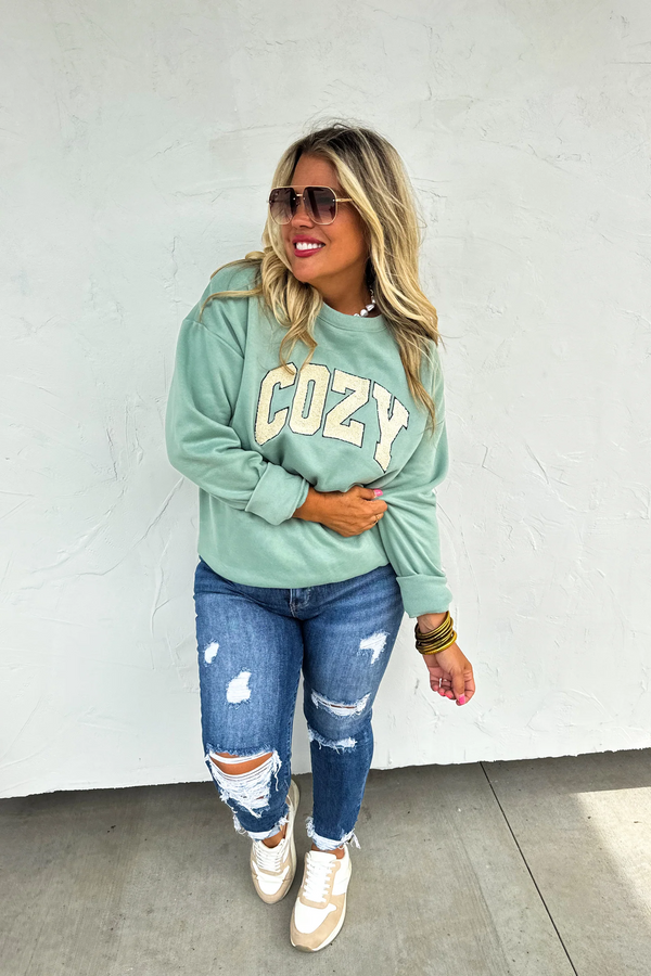 Sage Blue Sherpa Embroidered Cozy Sweatshirt