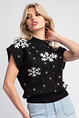 Black Mock Neck Sleeveless Top with White Snowflakes